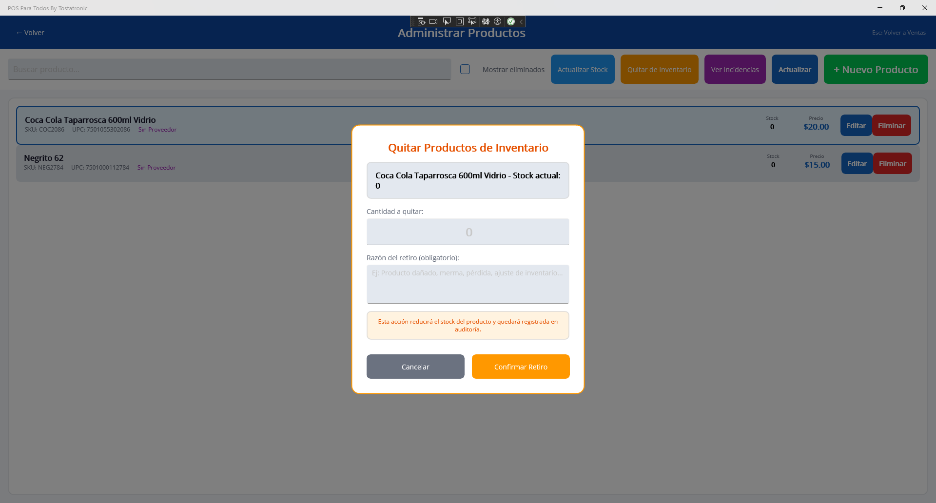 Dialogo Quitar de Inventario